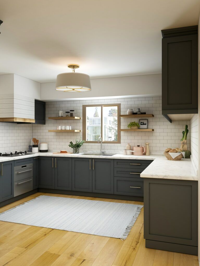Best kitchen fitters in Newcastle: U-shaped fitted kitchen with dark grey units, white worktops and oak flooring